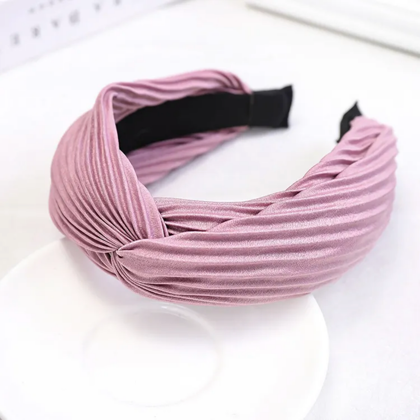 Pink Satin Pleated Knot Headband